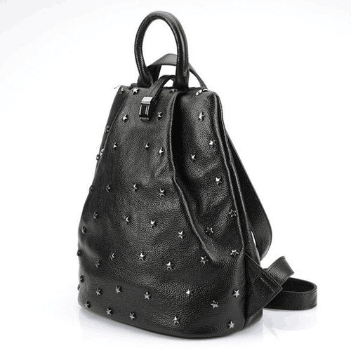Punky style women stud cow skin genuine leather soft school backpack