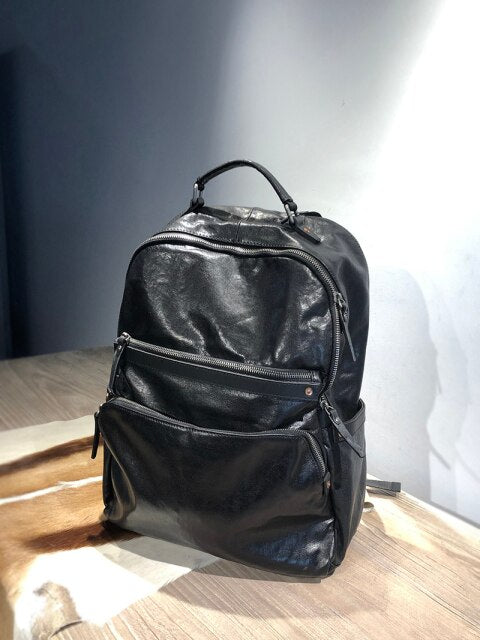 Genuine Leather Men's Backpack Large-Capacity Retro laptop Bag soft black leather men simple cowhide travel backpack school bag