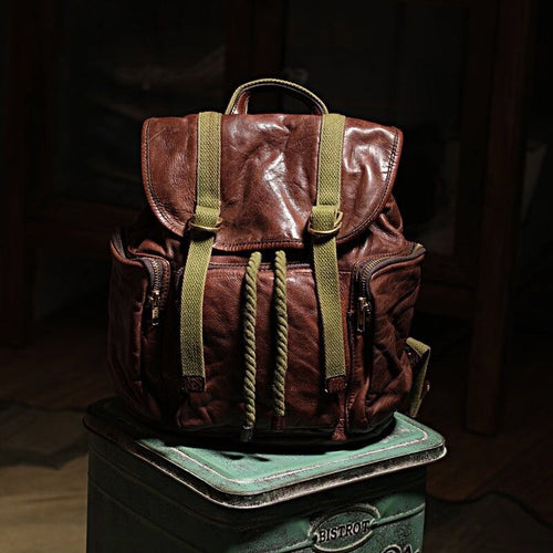 Top Quality Vintage Folds Vegetable Tanned Cowhide Men's Backpack Unisex Big Capacity Casual Leather School Bag Motorcycle Bag