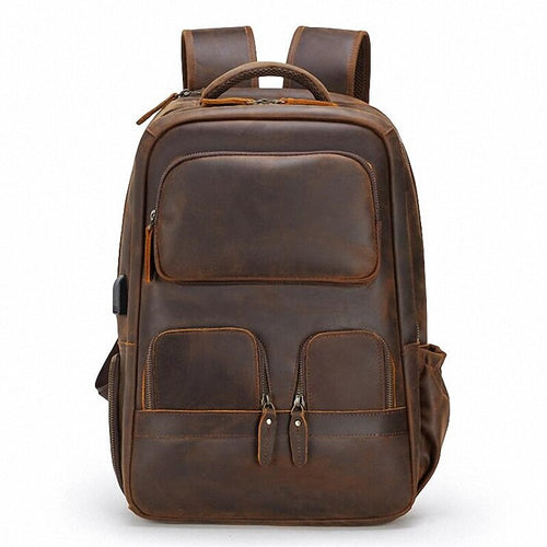 MEN'S Crazy Horse Genuine Leather Backpack Business Travel Bags USB Charging Rucksack 15.6inch Laptop School Daypack